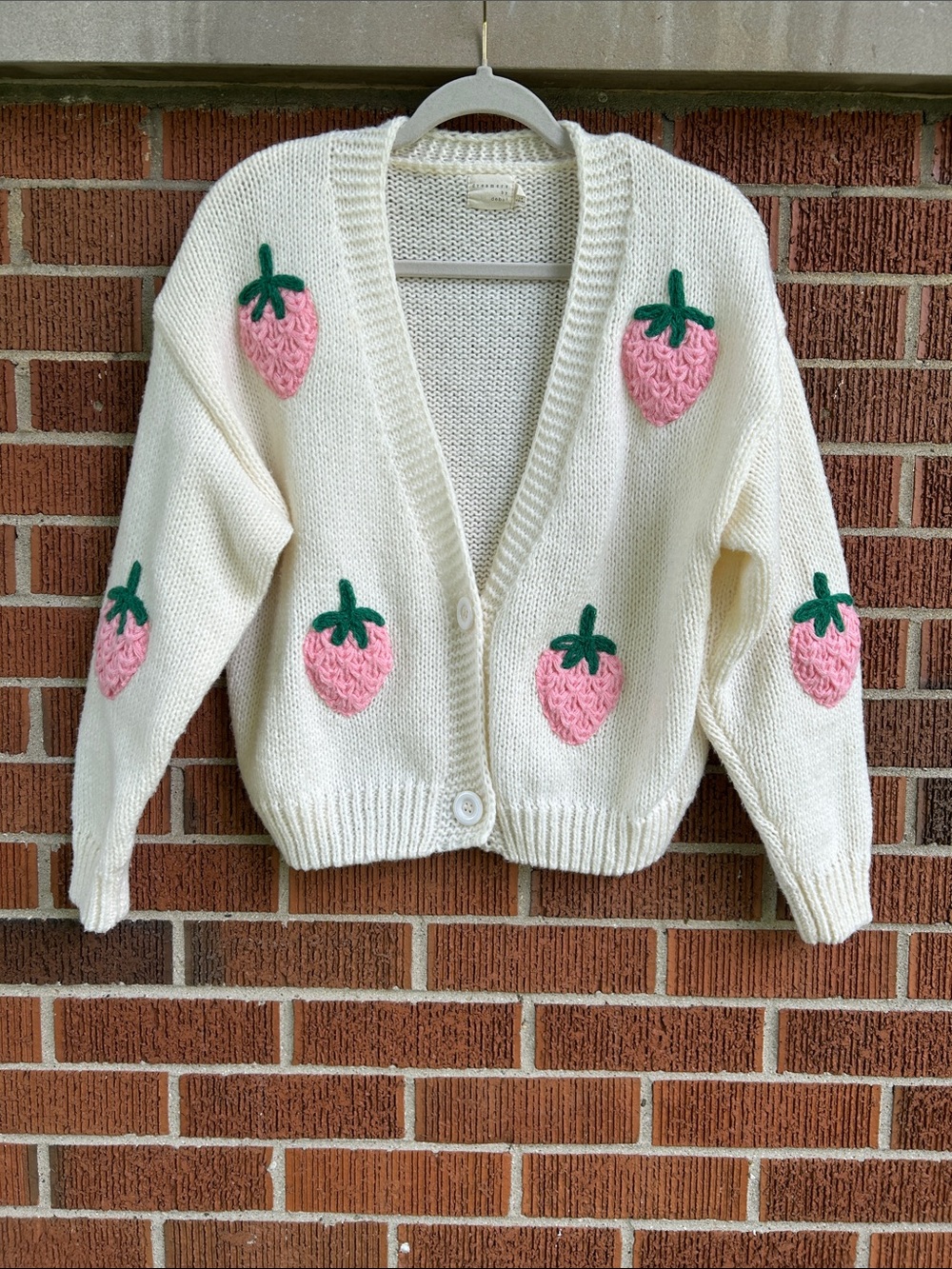 Cottagecore Cream Knit Cardigan with Pink Strawberry Appliqués - Picture 1 of 6